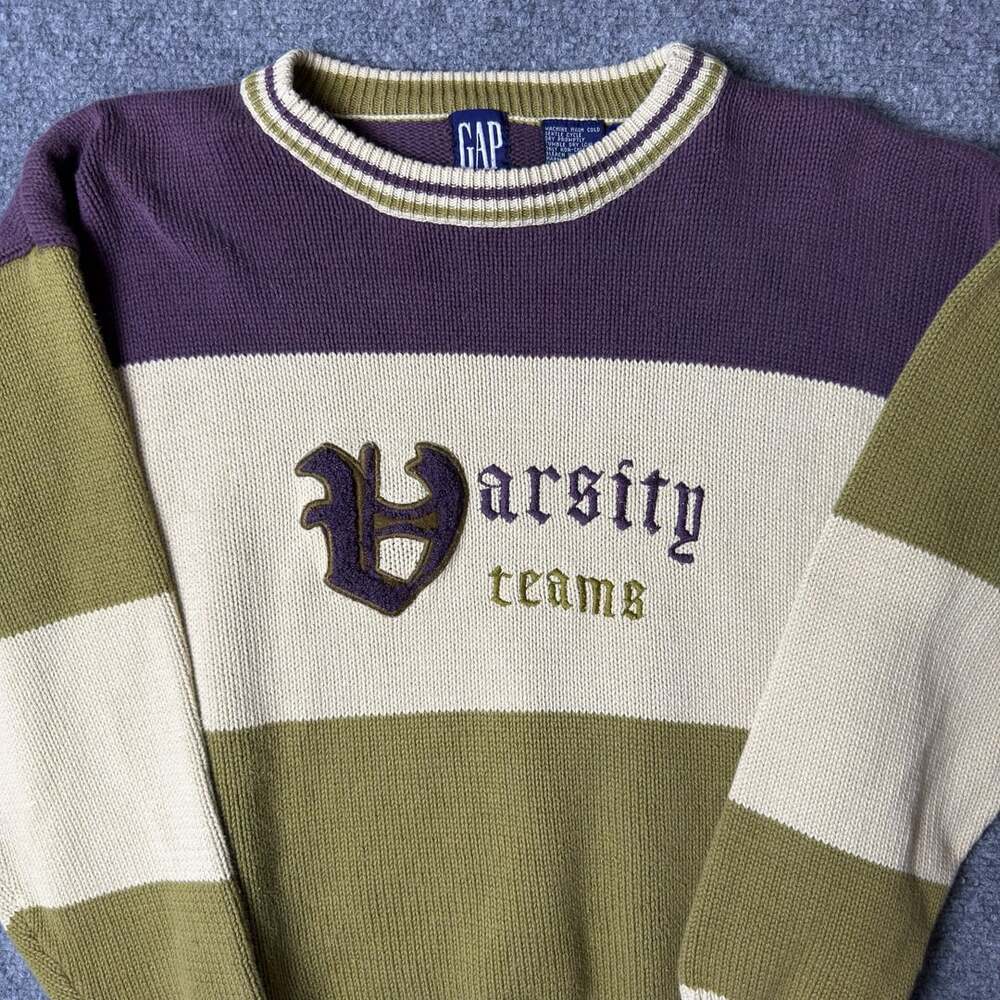 Vintage 90s Gap Varsity Teams Sweater XL Purple Green Cream Embroidered Logo